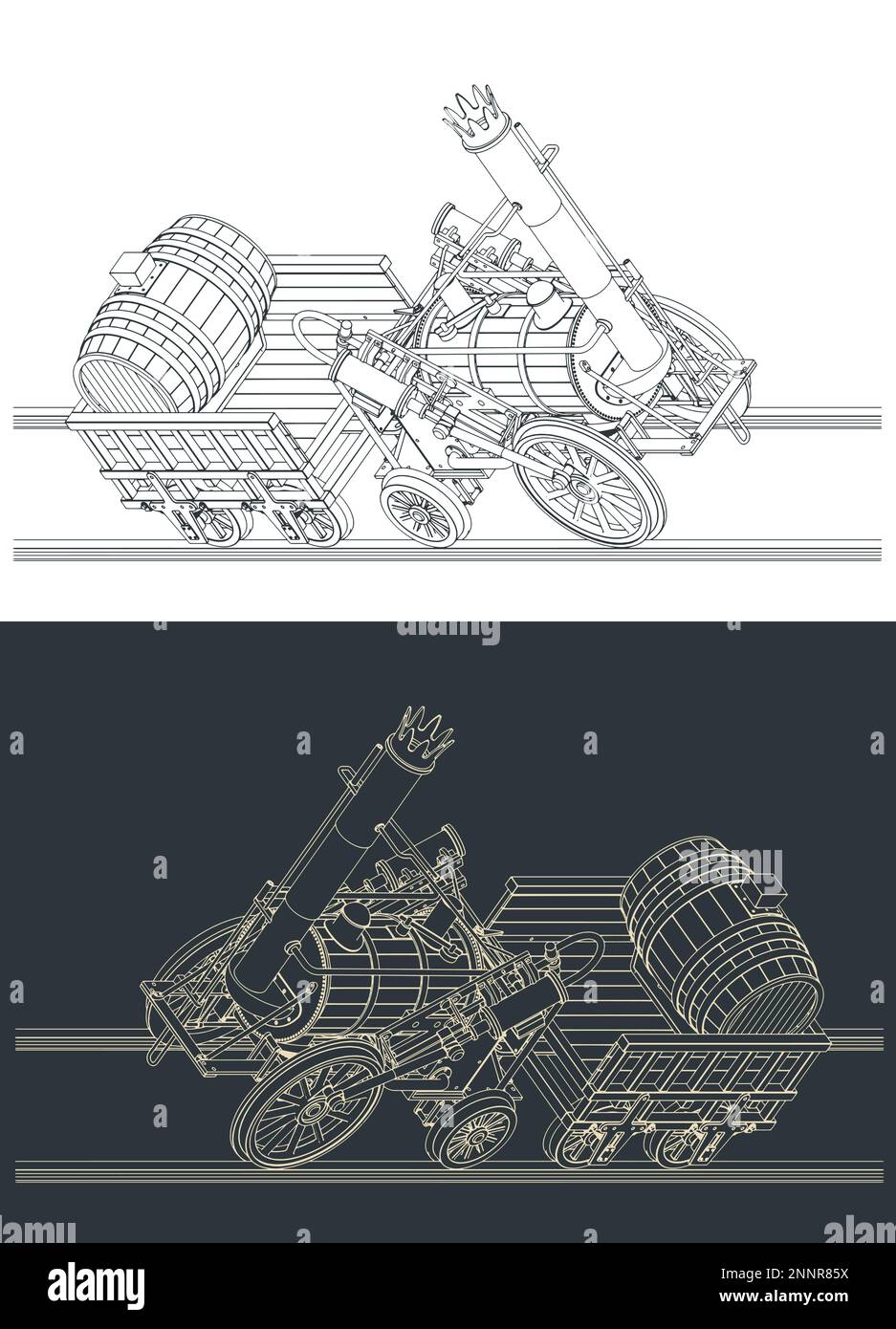 Stylized vector illustrations of Robert Stephenson`s Rocket steam locomotive, created in 1829 Stock Vector